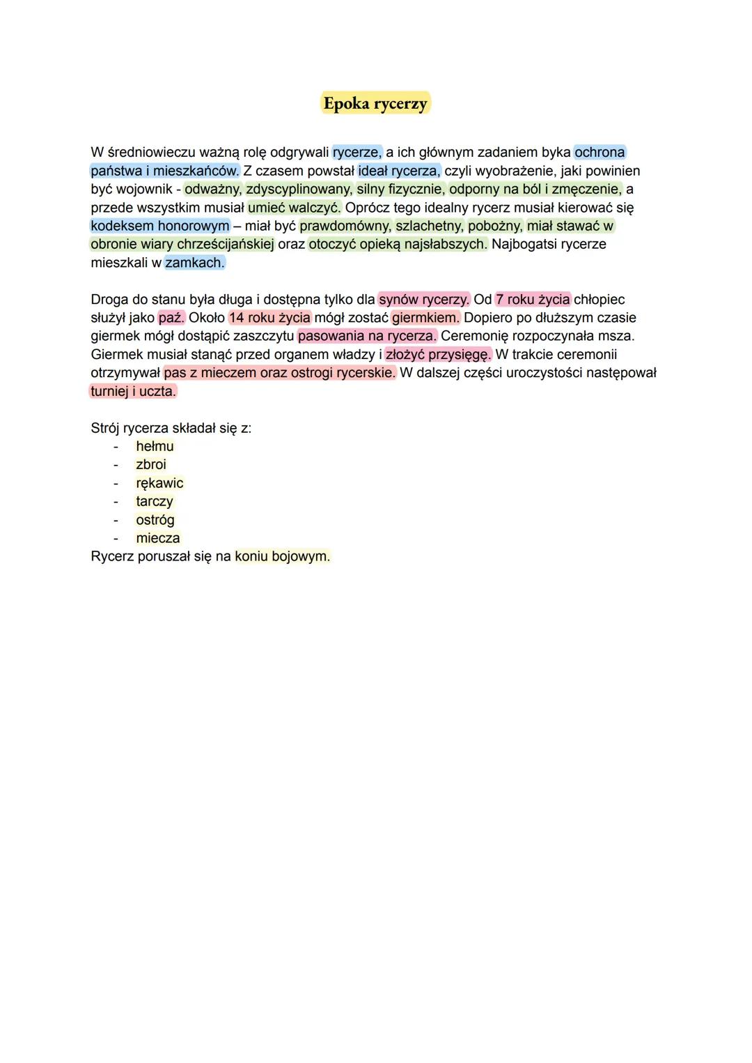 # Epoka rycerzy

W średniowieczu ważną rolę odgrywali rycerze, a ich głównym zadaniem byka ochrona
państwa i mieszkańców. Z czasem powstał i