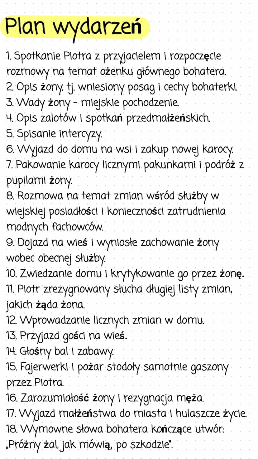 Żona modna
Streszczenie
Główny bohater w rozmowie z przyjacielem, opowiada
o swoim niedawnym ożenku. Opisując żonę wśród
zalet wymienia najp