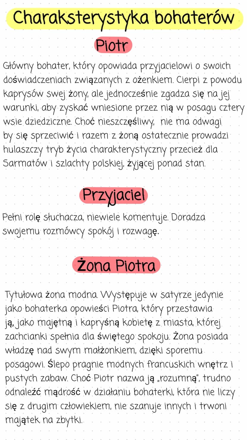 Żona modna
Streszczenie
Główny bohater w rozmowie z przyjacielem, opowiada
o swoim niedawnym ożenku. Opisując żonę wśród
zalet wymienia najp