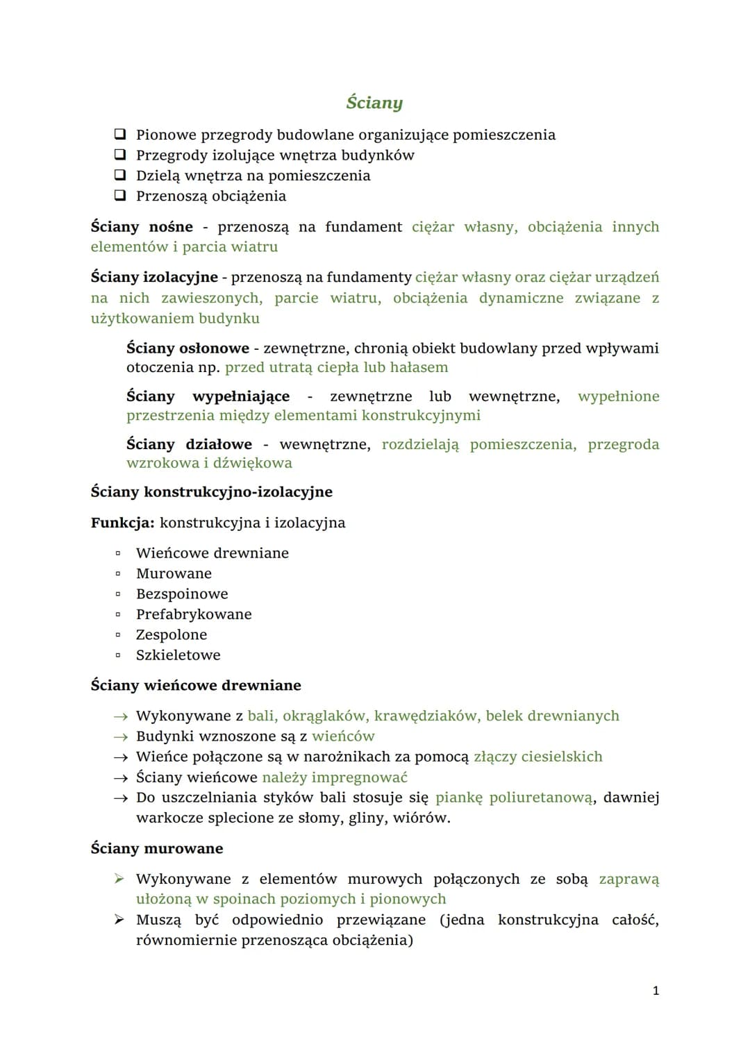 ☐ Pionowe przegrody budowlane organizujące pomieszczenia
Przegrody izolujące wnętrza budynków
Ściany nośne - przenoszą na fundament ciężar w