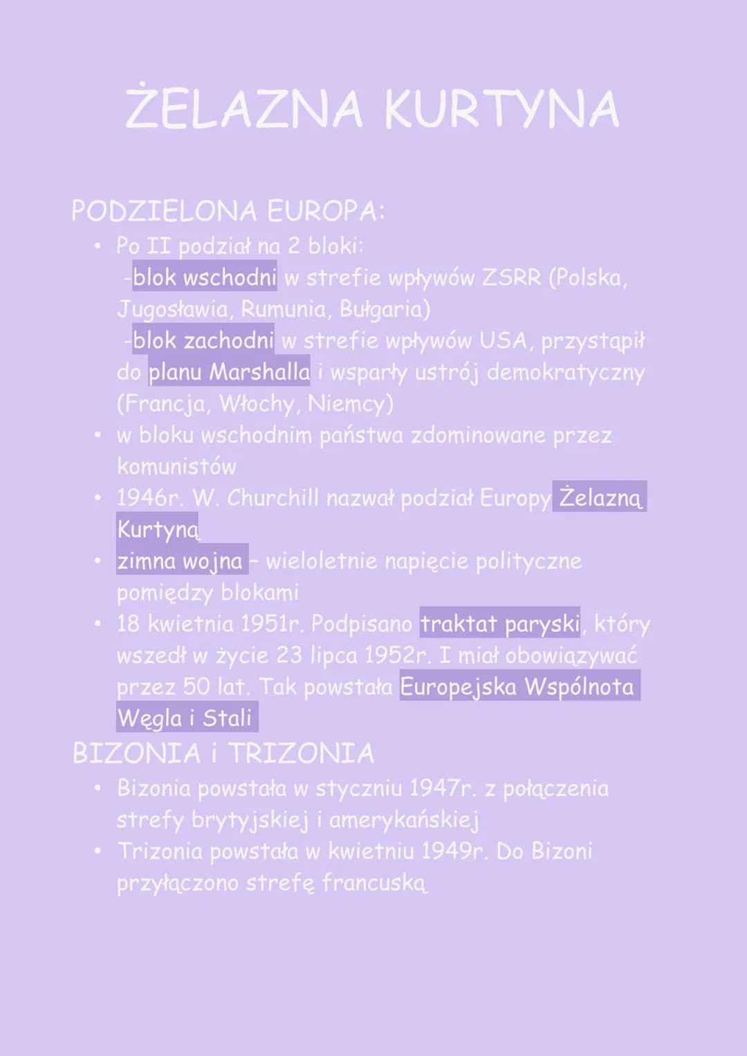 ŻELAZNA KURTYNA
PODZIELONA EUROPA:
Po II podział na 2 bloki:
-blok wschodni w strefie wpływów ZSRR (Polska,
Jugosławia, Rumunia, Bułgaria)
-