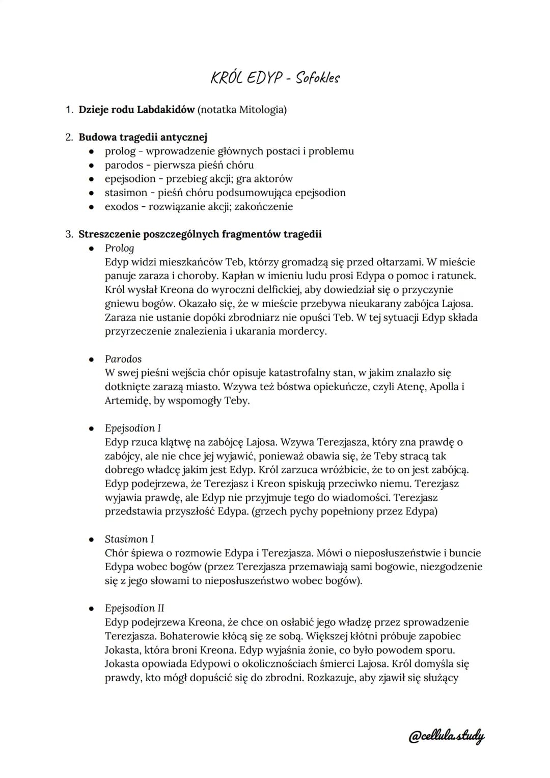 1. Dzieje rodu Labdakidów (notatka Mitologia)
2. Budowa tragedii antycznej
● prolog - wprowadzenie głównych postaci i problemu
• parodos - p