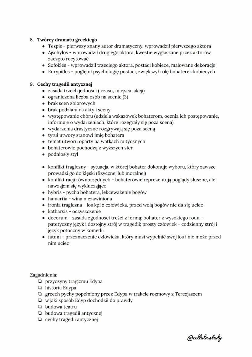 1. Dzieje rodu Labdakidów (notatka Mitologia)
2. Budowa tragedii antycznej
● prolog - wprowadzenie głównych postaci i problemu
• parodos - p