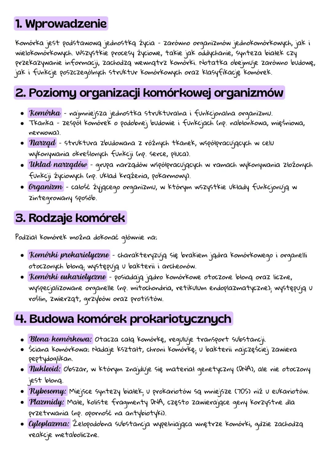 1. Wprowadzenie
Komórka jest podstawową jednostką życia - zarówno organizmów jednokomórkowych, jak i
wielokomórkowych. Wszystkie procesy życ