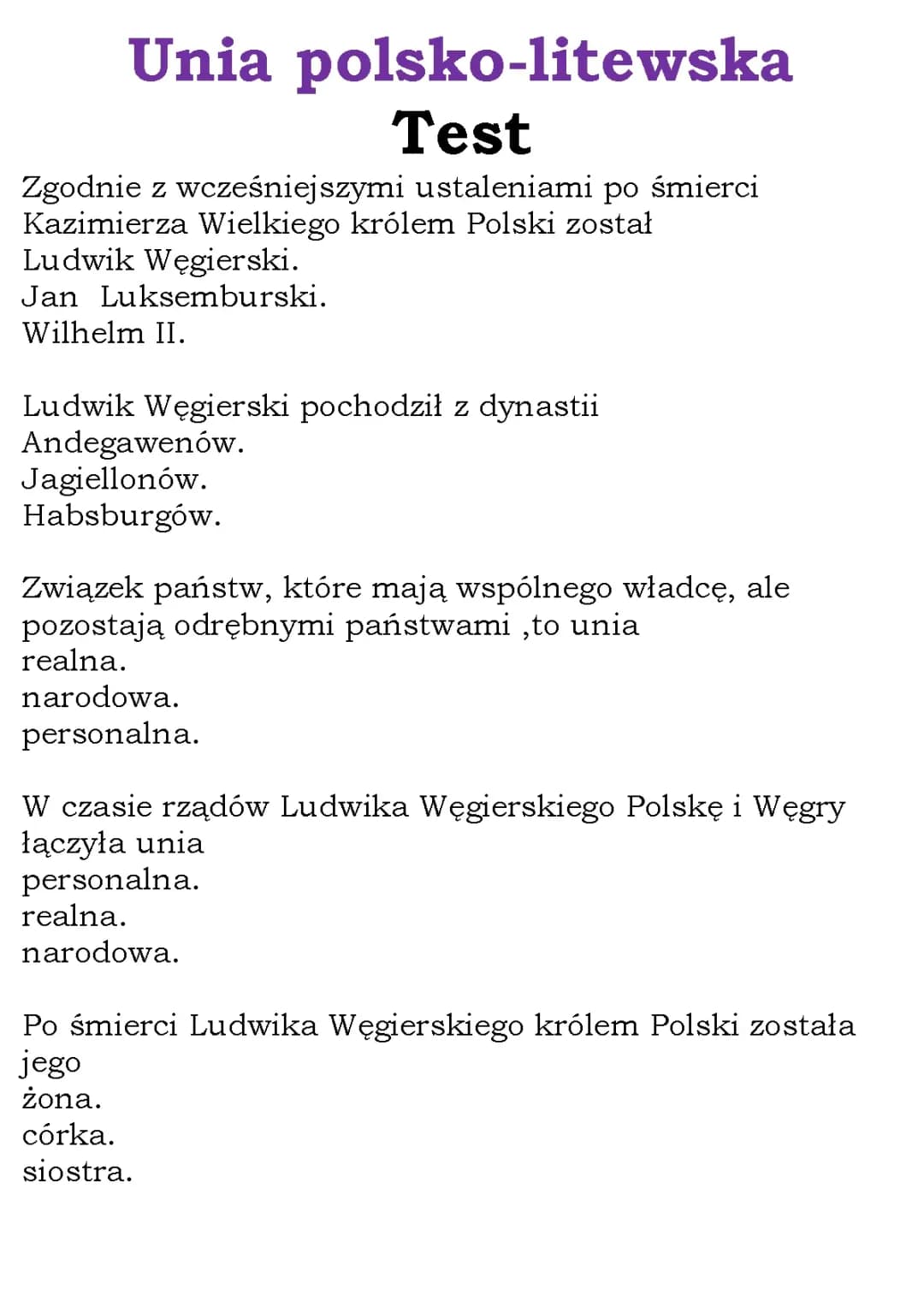 Unia polsko-litewska Test