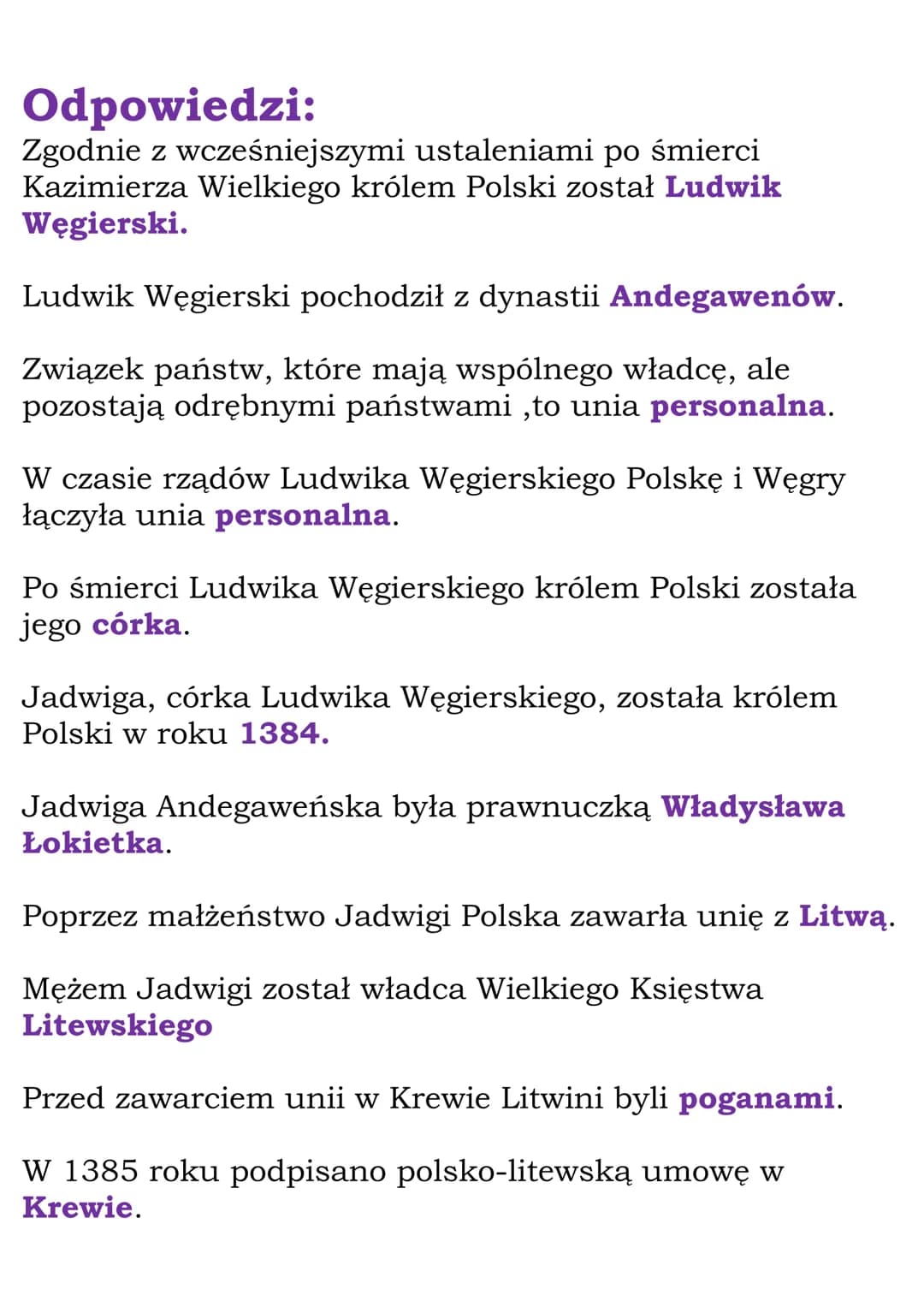 Unia polsko-litewska
Test
Zgodnie z wcześniejszymi ustaleniami po śmierci
Kazimierza Wielkiego królem Polski został
Ludwik Węgierski.
Jan Lu