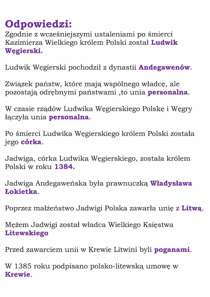 Unia polsko-litewska
Test
Zgodnie z wcześniejszymi ustaleniami po śmierci
Kazimierza Wielkiego królem Polski został
Ludwik Węgierski.
Jan Lu