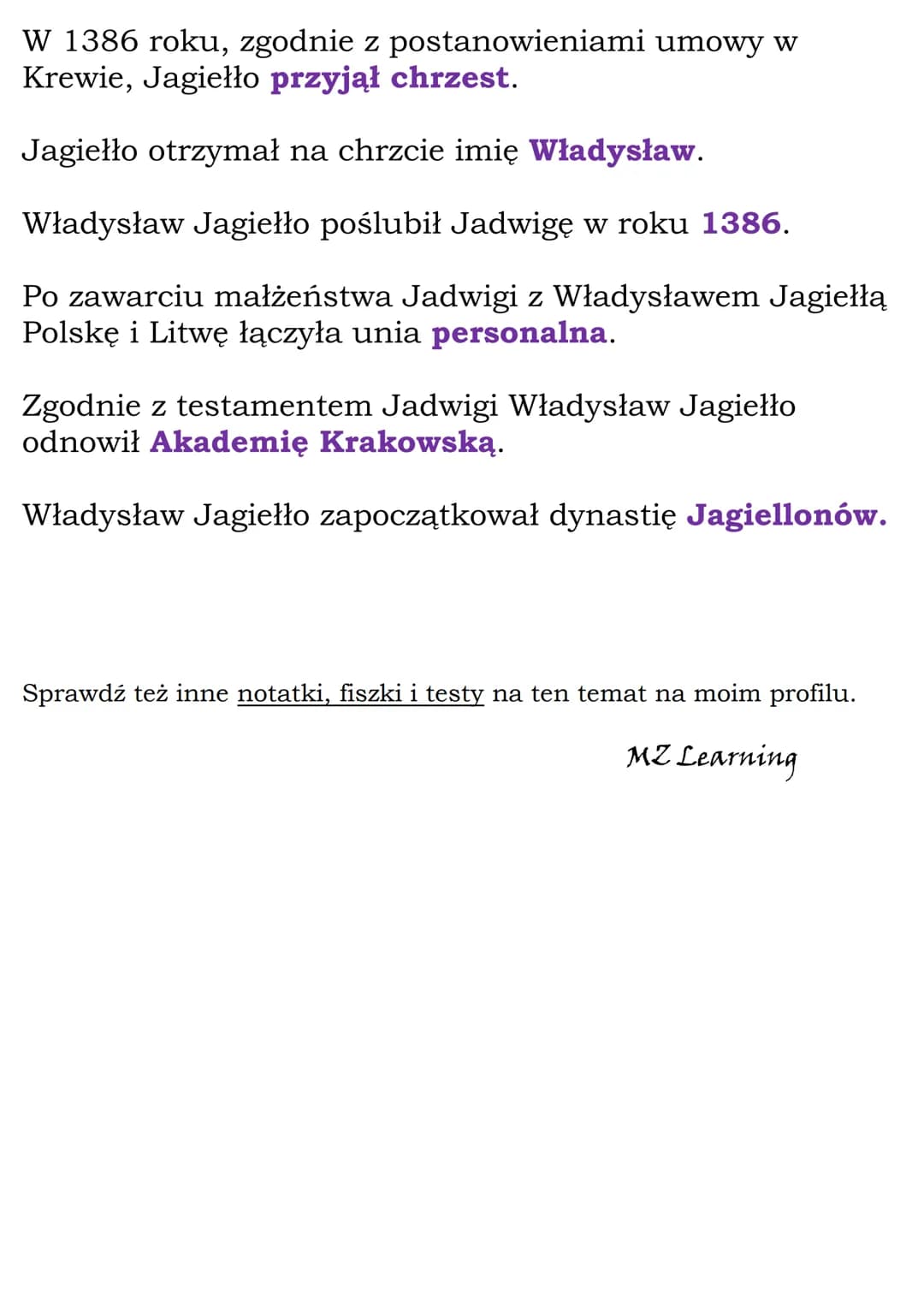 Unia polsko-litewska
Test
Zgodnie z wcześniejszymi ustaleniami po śmierci
Kazimierza Wielkiego królem Polski został
Ludwik Węgierski.
Jan Lu