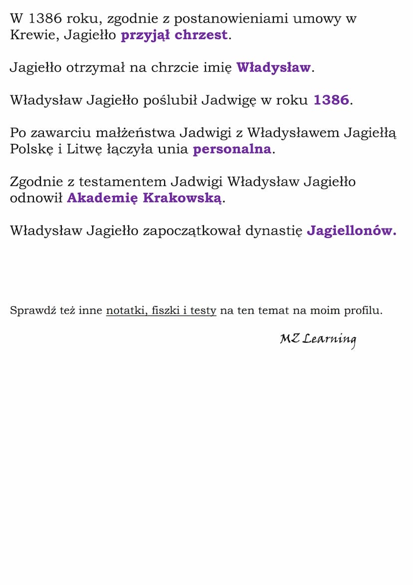 Unia polsko-litewska
Test
Zgodnie z wcześniejszymi ustaleniami po śmierci
Kazimierza Wielkiego królem Polski został
Ludwik Węgierski.
Jan Lu