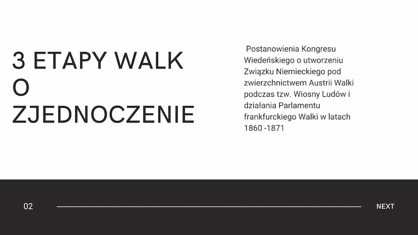 ZJEDNOCZENIE
NIEMIEC
01
Aleksander Kock
NEXT 3 ETAPY WALK
O
ZJEDNOCZENIE
02
Postanowienia Kongresu
Wiedeńskiego o utworzeniu
Związku Niemiec