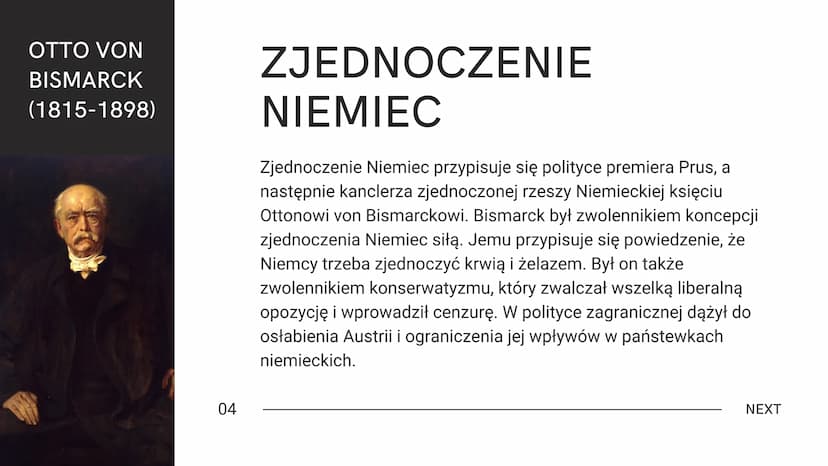 ZJEDNOCZENIE
NIEMIEC
01
Aleksander Kock
NEXT 3 ETAPY WALK
O
ZJEDNOCZENIE
02
Postanowienia Kongresu
Wiedeńskiego o utworzeniu
Związku Niemiec