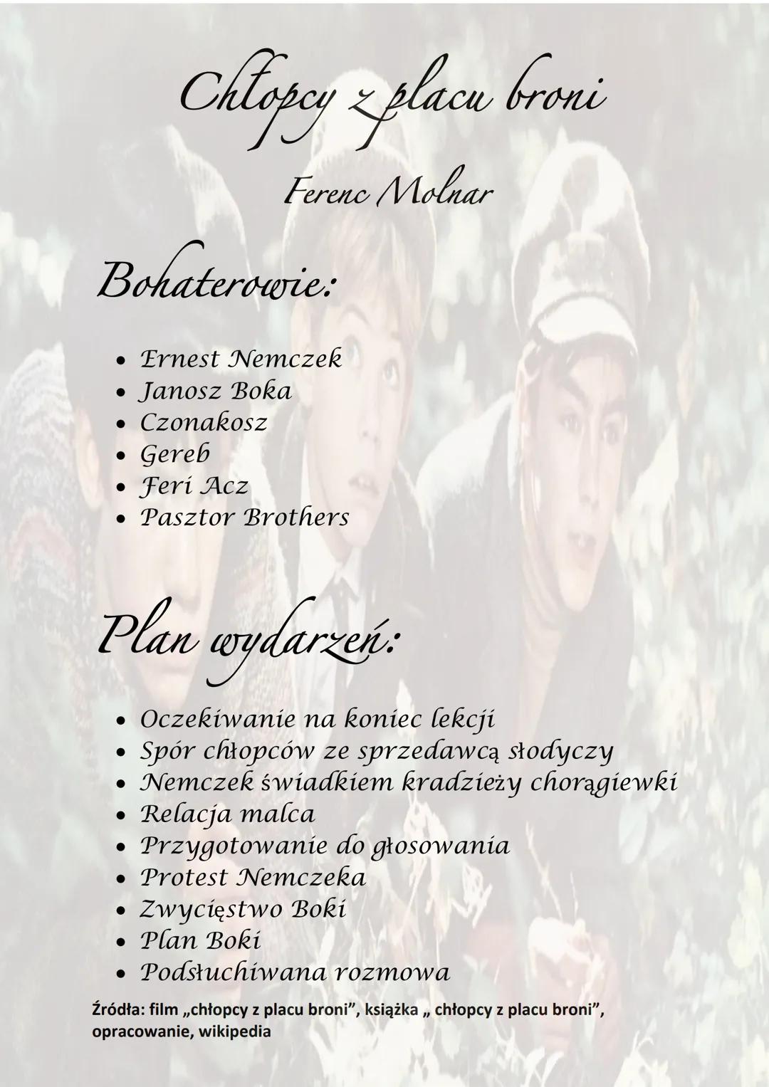 # Chłopcy z placu broni

Ferenc Molnar

Bohaterowie:

- Ernest Nemczek
- Janosz Boka
- Czonakosz
- Gereb
- Feri Acz
- Pasztor Brothers

Plan