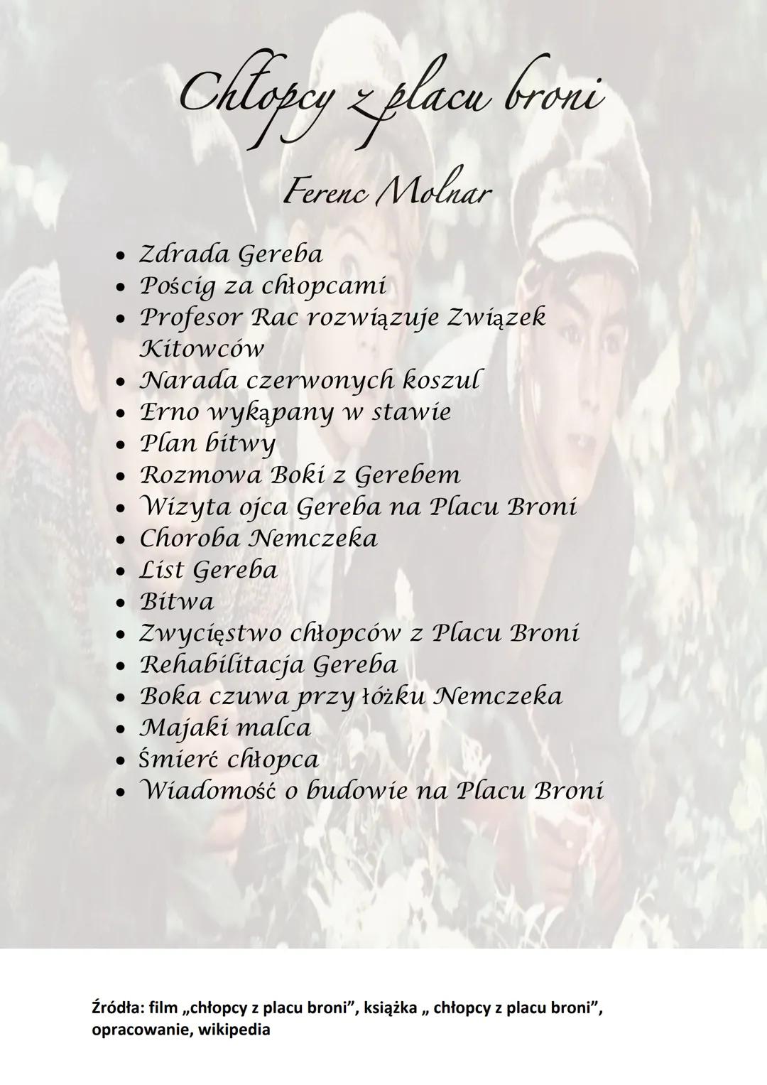 # Chłopcy z placu broni

Ferenc Molnar

Bohaterowie:

- Ernest Nemczek
- Janosz Boka
- Czonakosz
- Gereb
- Feri Acz
- Pasztor Brothers

Plan
