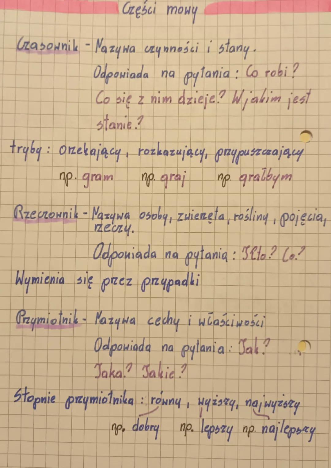 Części mowy
Czasownik - Nazywa czynności i stany.
Odpowiada
pytania: Co robi?
Co się z nim dzieje? W jakim jest
stanie?
tryby: Orzekający, r