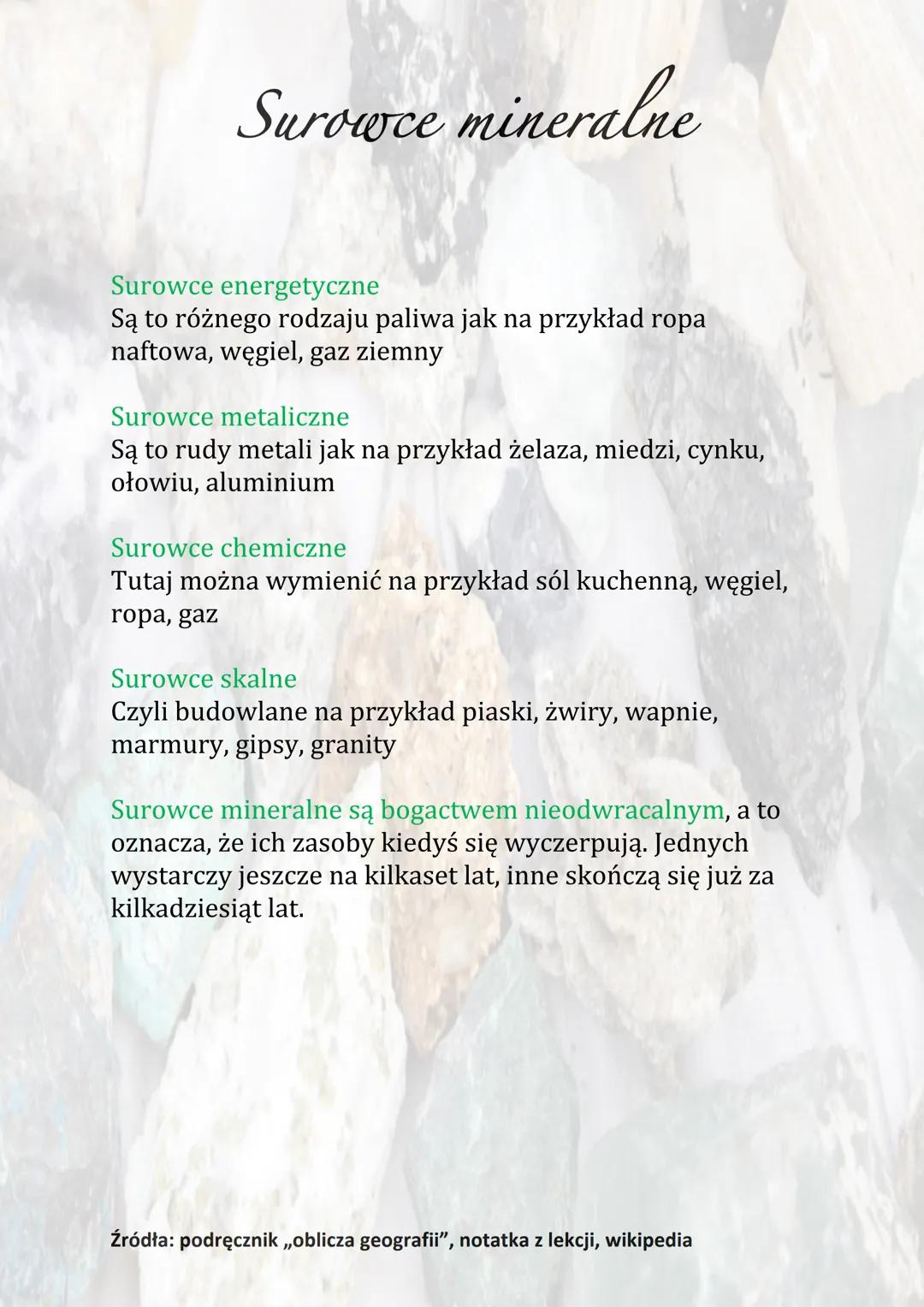 Surowce mineralne

Bogactwa naturalne
*   Są to wszystkie użyteczne dla człowieka składniki
środowiska przyrodniczego. Można je podzielić na