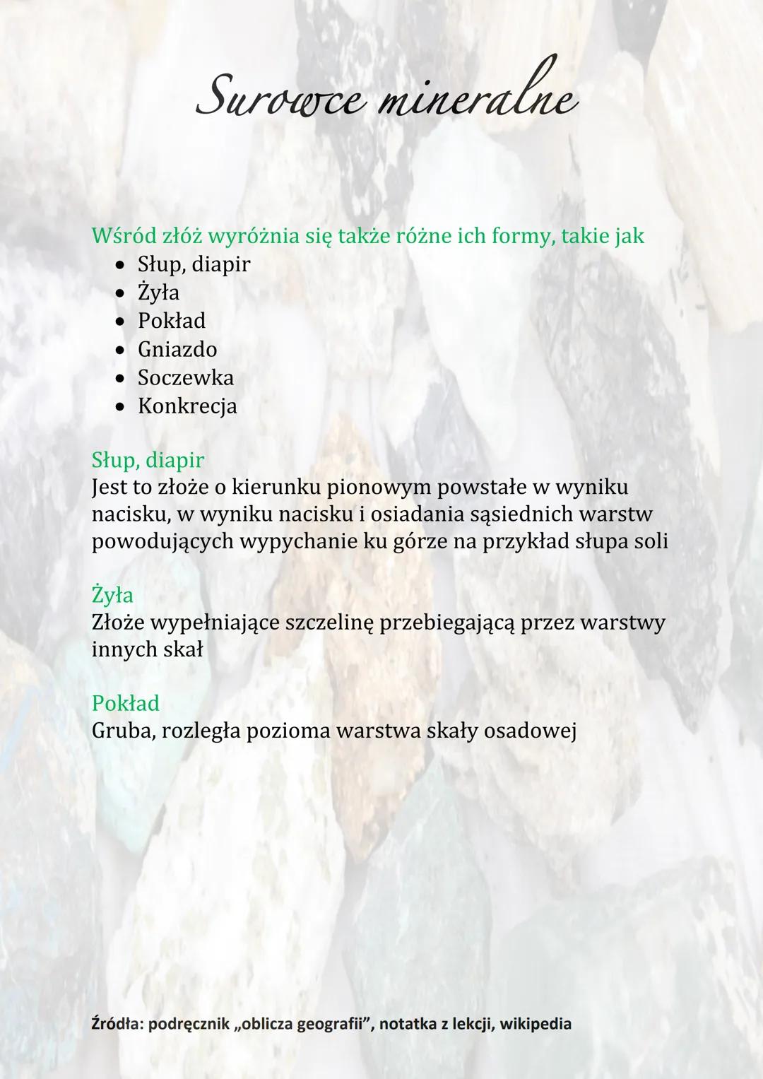 Surowce mineralne

Bogactwa naturalne
*   Są to wszystkie użyteczne dla człowieka składniki
środowiska przyrodniczego. Można je podzielić na