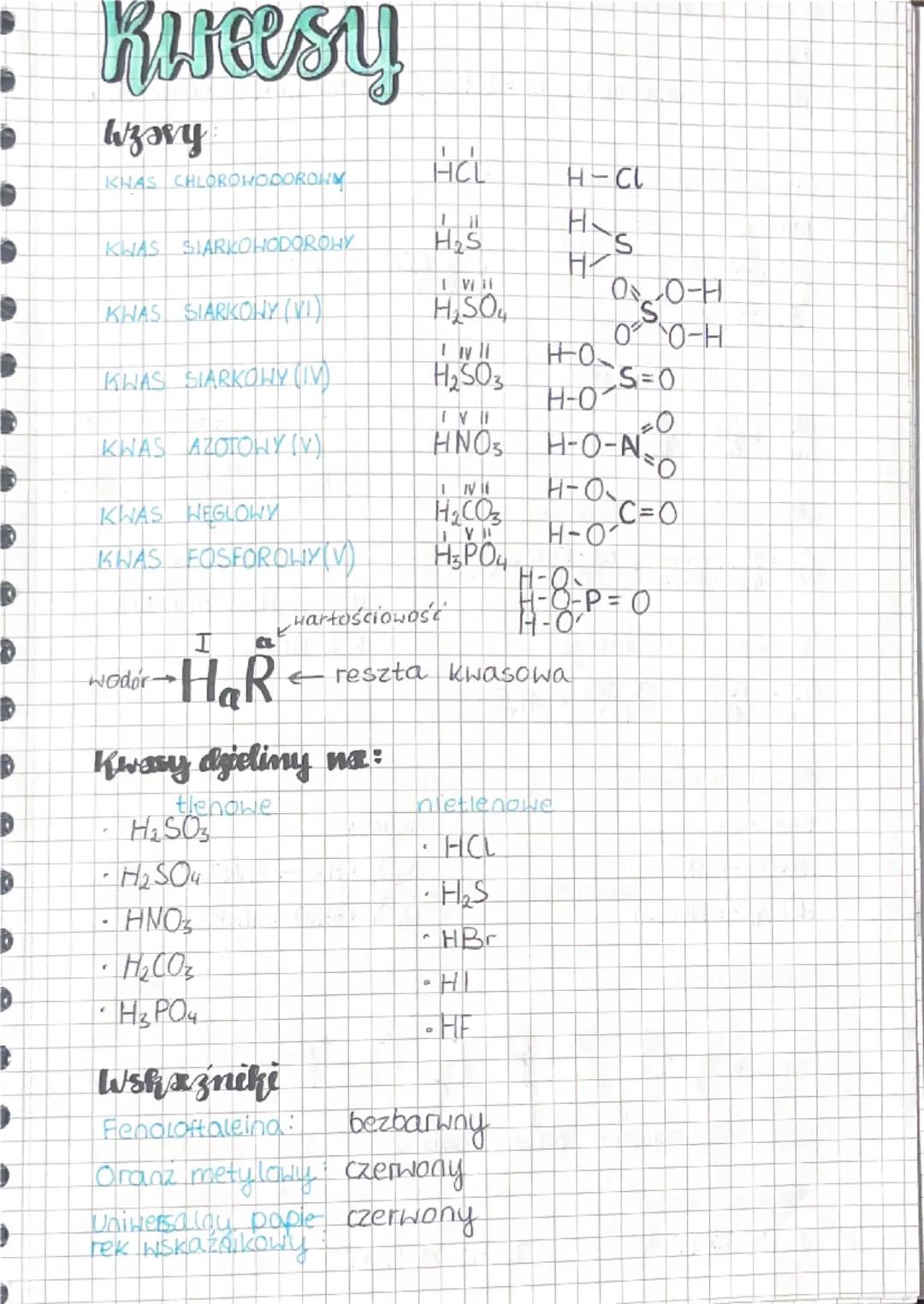 Kwasy
wzsvy
HCL
KHAS CHLOROWODOROHM
H-CL
KWAS SIARKOWODOROHY
KWAS SIARKOWY (VI)
H₂S
H
Vi
00-H
H₂SO4
S
vl HO
00-H
KWAS SIARKOWY (IV)
H₂503
S=