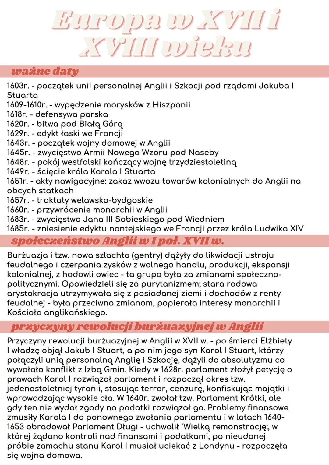 Europa w XVII i
XVIII wieku
ważne daty
1603r. - początek unii personalnej Anglii i Szkocji pod rządami Jakuba I
Stuarta
1609-1610r.- wypędze