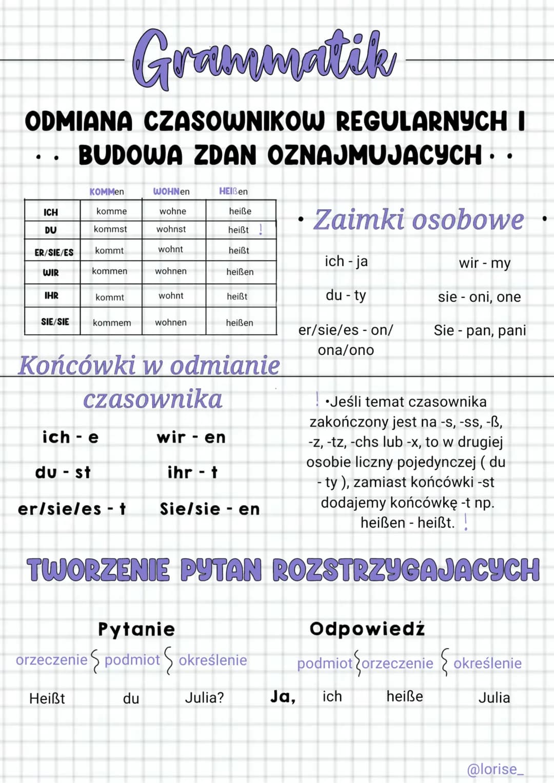 Grammatik
ODMIANA CZASOWNIKOW REGULARNYCH I
BUDOWA ZDAN OZNAJMUJACYCH
●
●
ICH
DU
ER/SIE/ES
WIR
IHR
SIE/SIE
KOMMen
komme
kommst
kommt
du - st