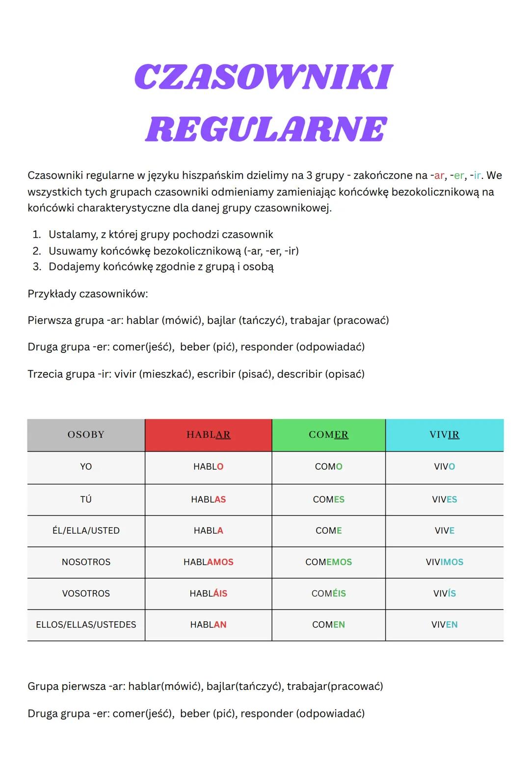 # CZASOWNIKI

# REGULARNE

Czasowniki regularne w języku hiszpańskim dzielimy na 3 grupy - zakończone na -ar, -er, -ir. We
wszystkich tych g