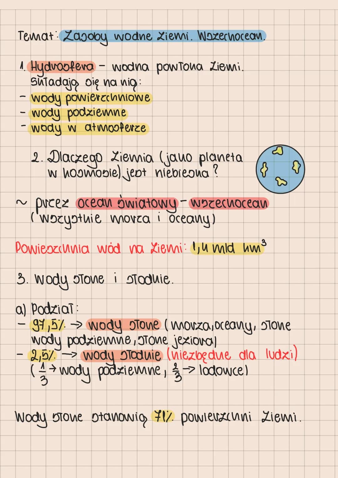 
<h2 id="hydrosferawodnapowokaziemi">Hydrosfera - wodna powłoka Ziemi</h2>
<p>Hydrosfera składa się z wód powierzchniowych, wód podziemnych 