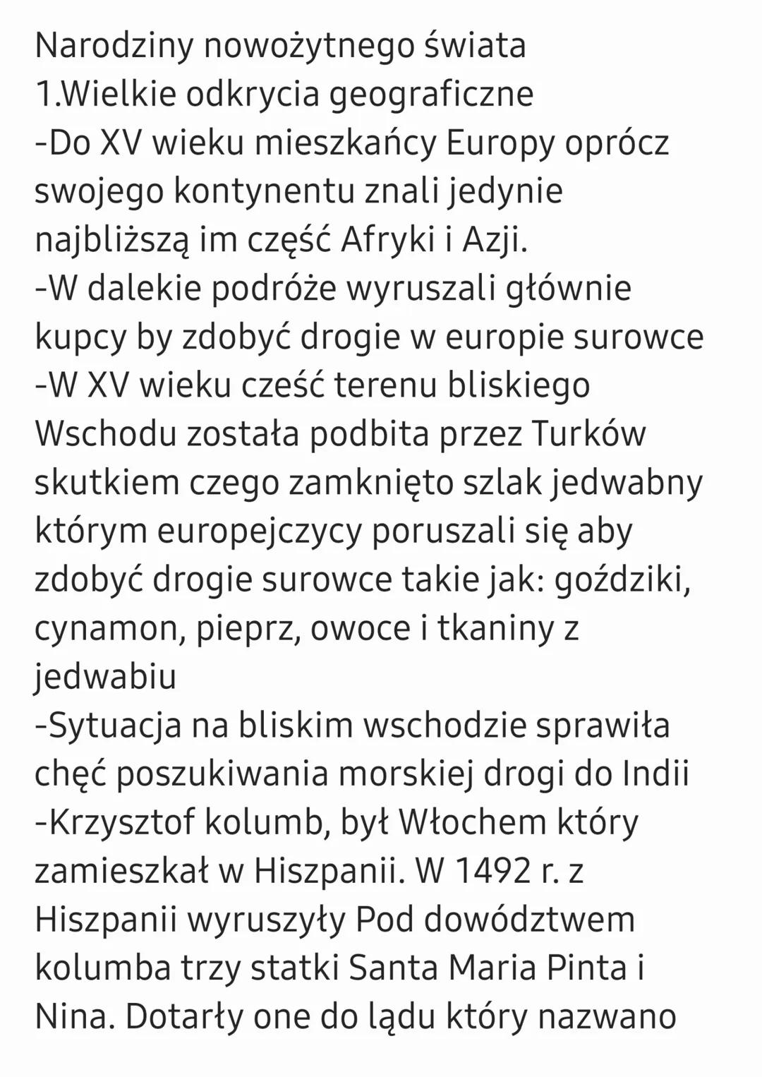Narodziny nowożytnego świata
1.Wielkie odkrycia geograficzne
-Do XV wieku mieszkańcy Europy oprócz
swojego kontynentu znali jedynie
najbliżs