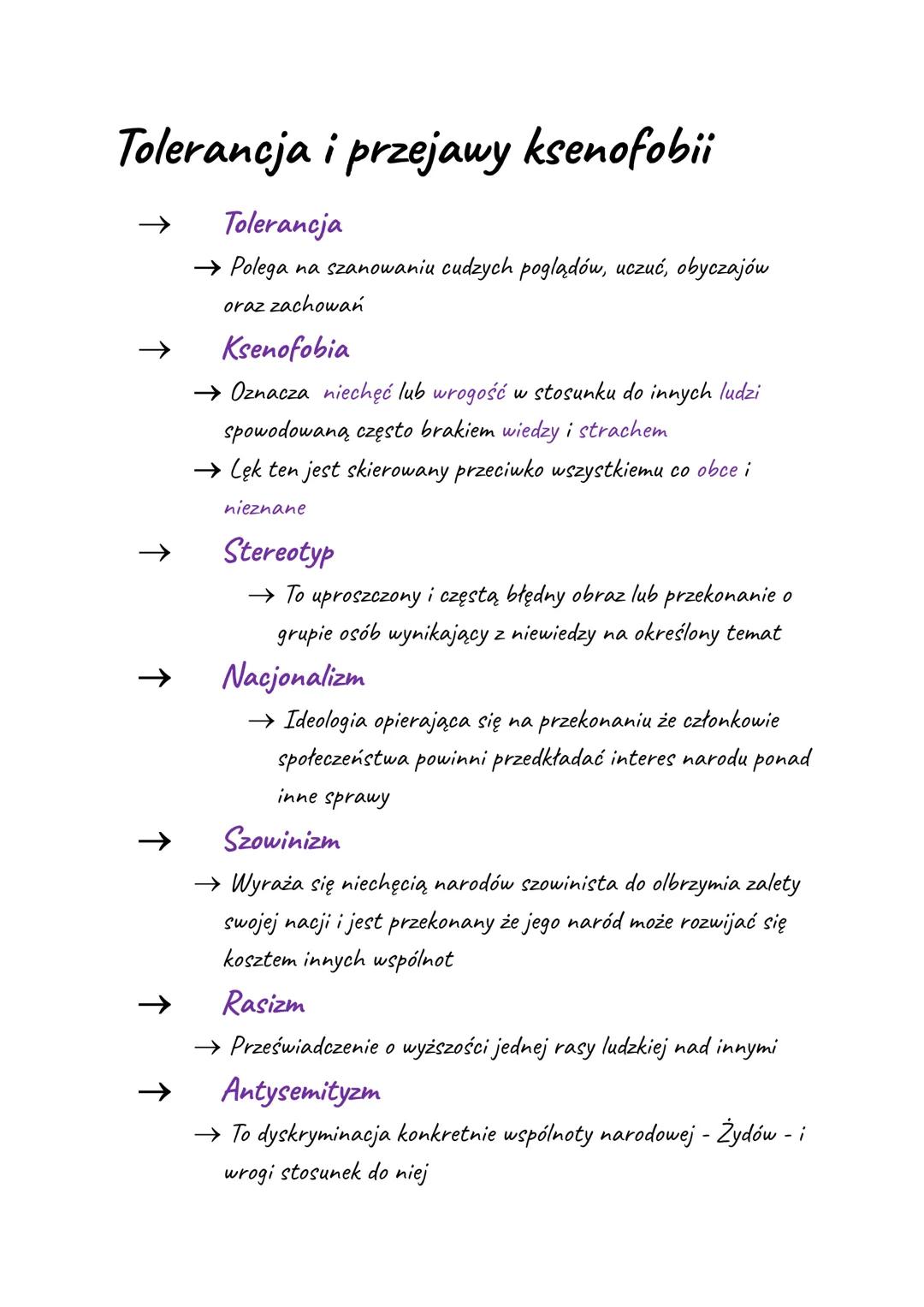 # Tolerancja i przejawy ksenofobii

← Tolerancja

→ Polega na szanowaniu cudzych poglądów, uczuć, obyczajów
oraz zachowań

← Ksenofobia

→ O