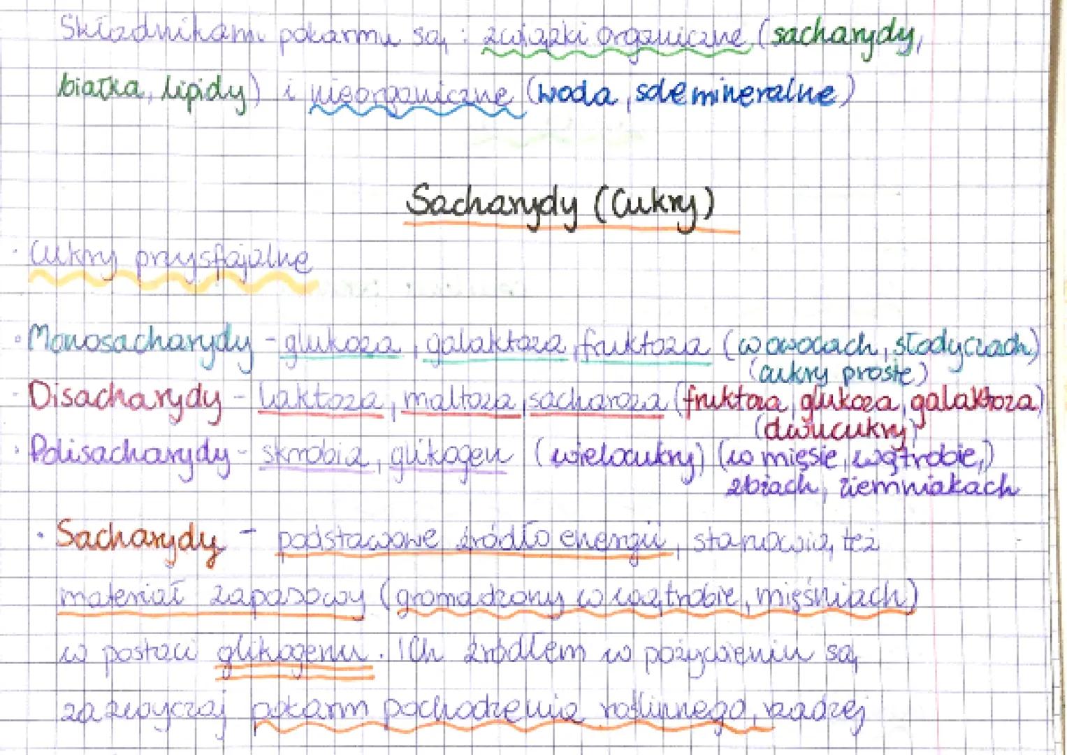 Skiednikam pokarmu so: związki organiczne (sacharydy,
białka, lipidy) i nisorganiczne (woda, soe mineralne,
Sacharydy (Cukry)
Cukry przysfaj