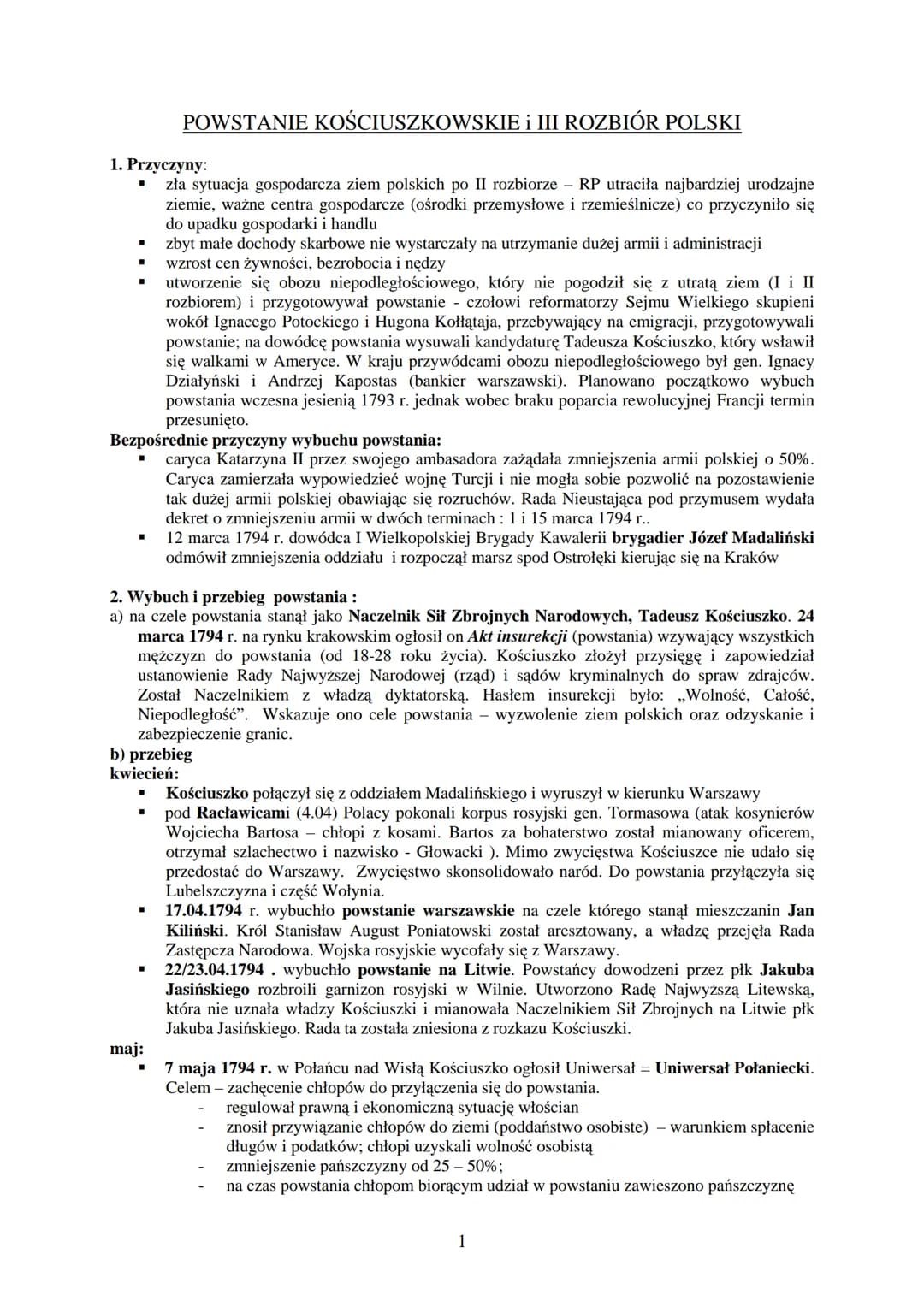 1. Przyczyny:
zła sytuacja gospodarcza ziem polskich po II rozbiorze - RP utraciła najbardziej urodzajne
ziemie, ważne centra gospodarcze (o