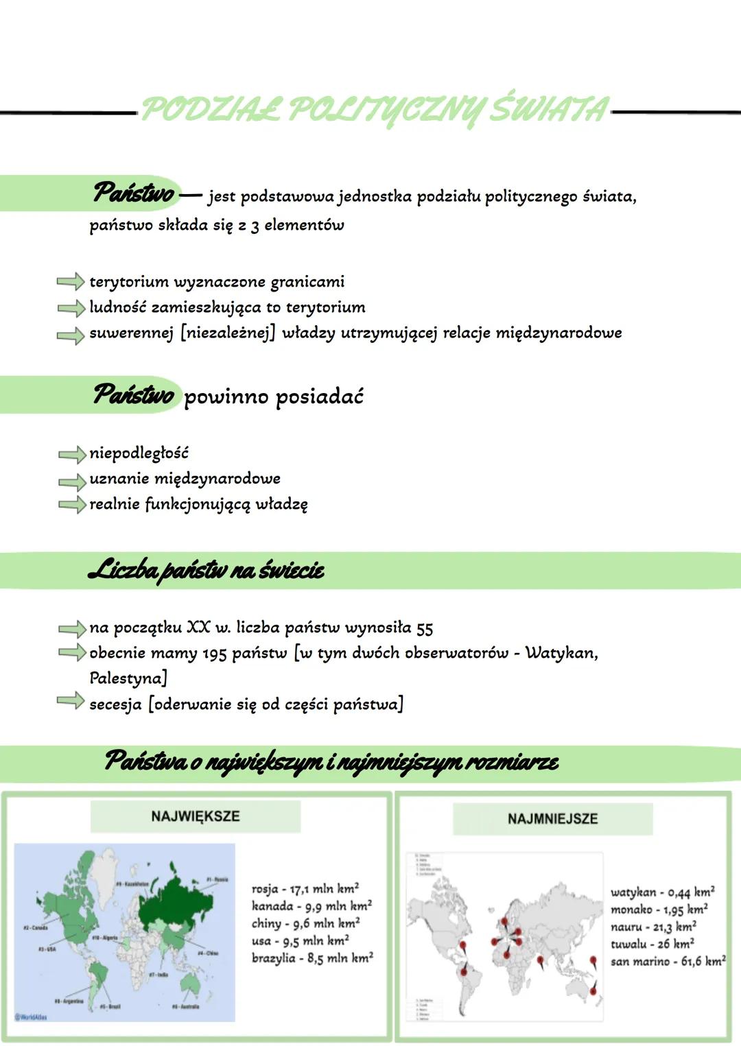 ↑↑↑
Państwo - jest podstawowa jednostka podziału politycznego świata,
państwo składa się z 3 elementów
PODZIAŁ POLITYCZNY ŚWIATA.
terytorium