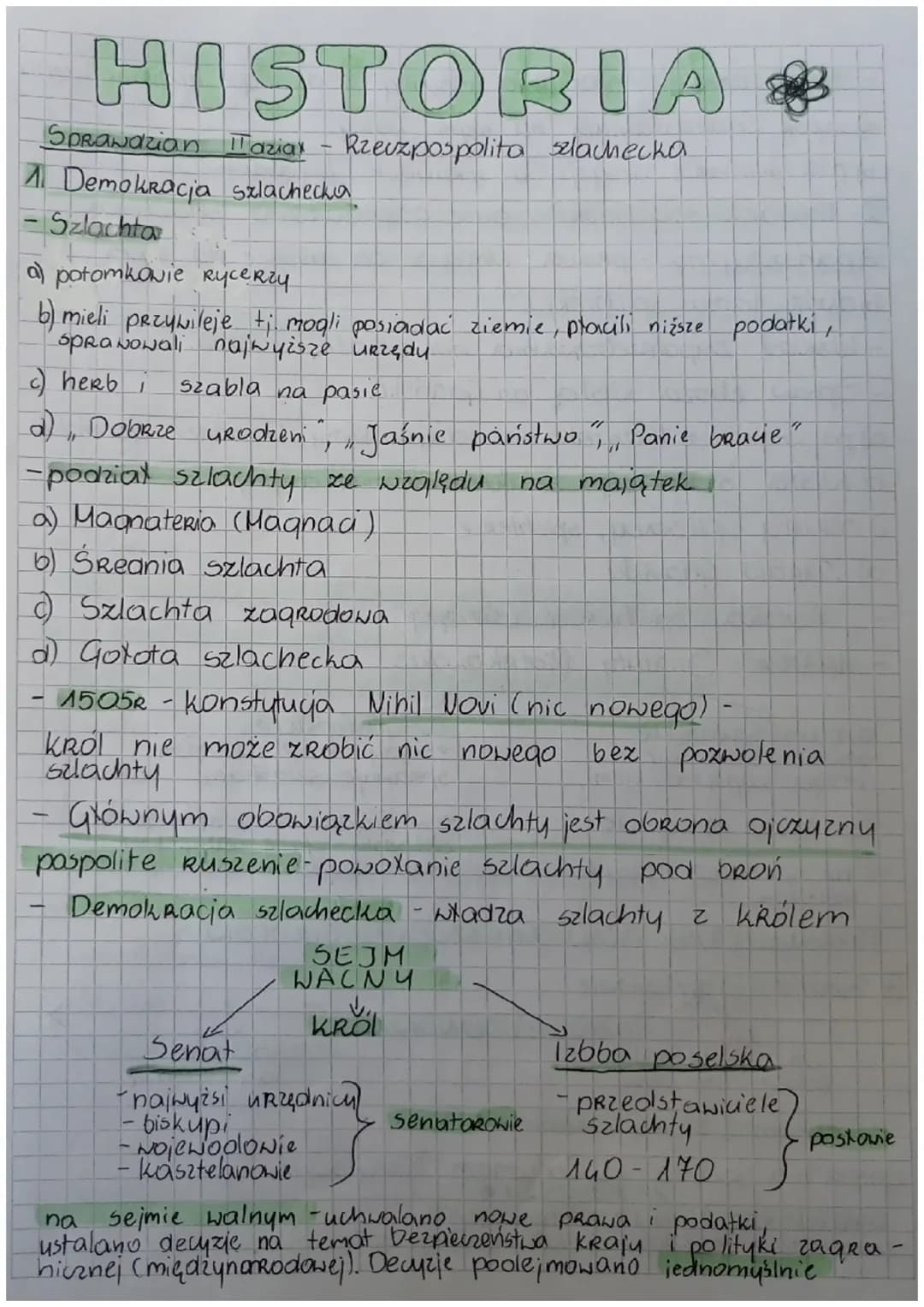 HISTORIA
Sprawdzian Tazia - Rzeczpospolita szlachecka
1 Demokracia szlachecka
- Szlachta
a) potomkowie Rycerzy
b) mieli przywileje ti mogli 