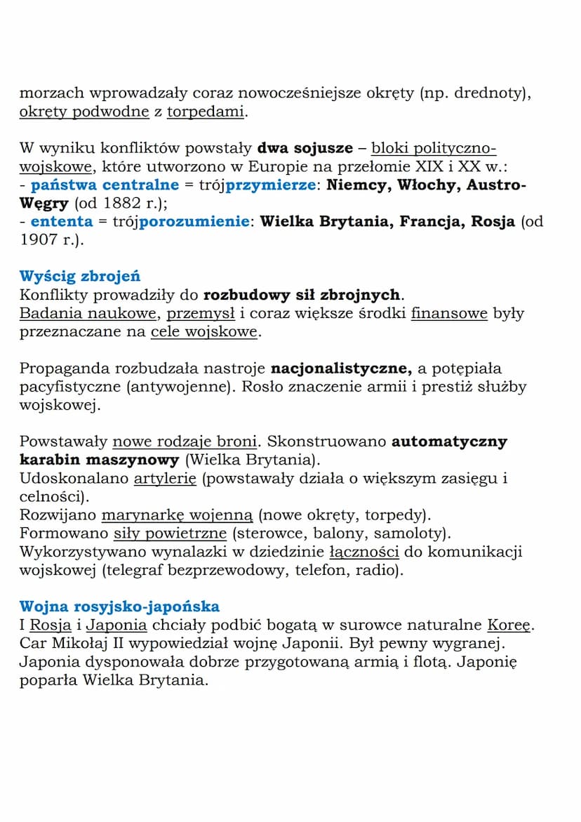 --- OCR Start ---
morzach wprowadzały coraz nowocześniejsze okręty (np. drednoty),
okręty podwodne z torpedami.
W wyniku konfliktów powstały