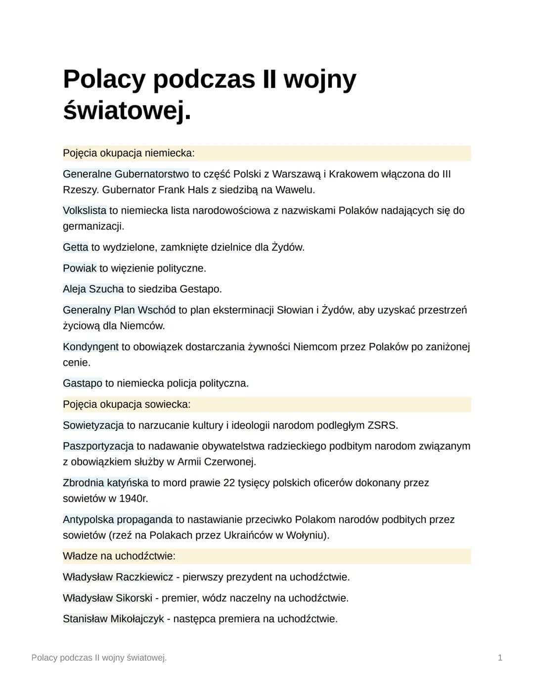Polacy podczas II wojny
światowej.
Pojęcia okupacja niemiecka:
Generalne Gubernatorstwo to część Polski z Warszawą i Krakowem włączona do II