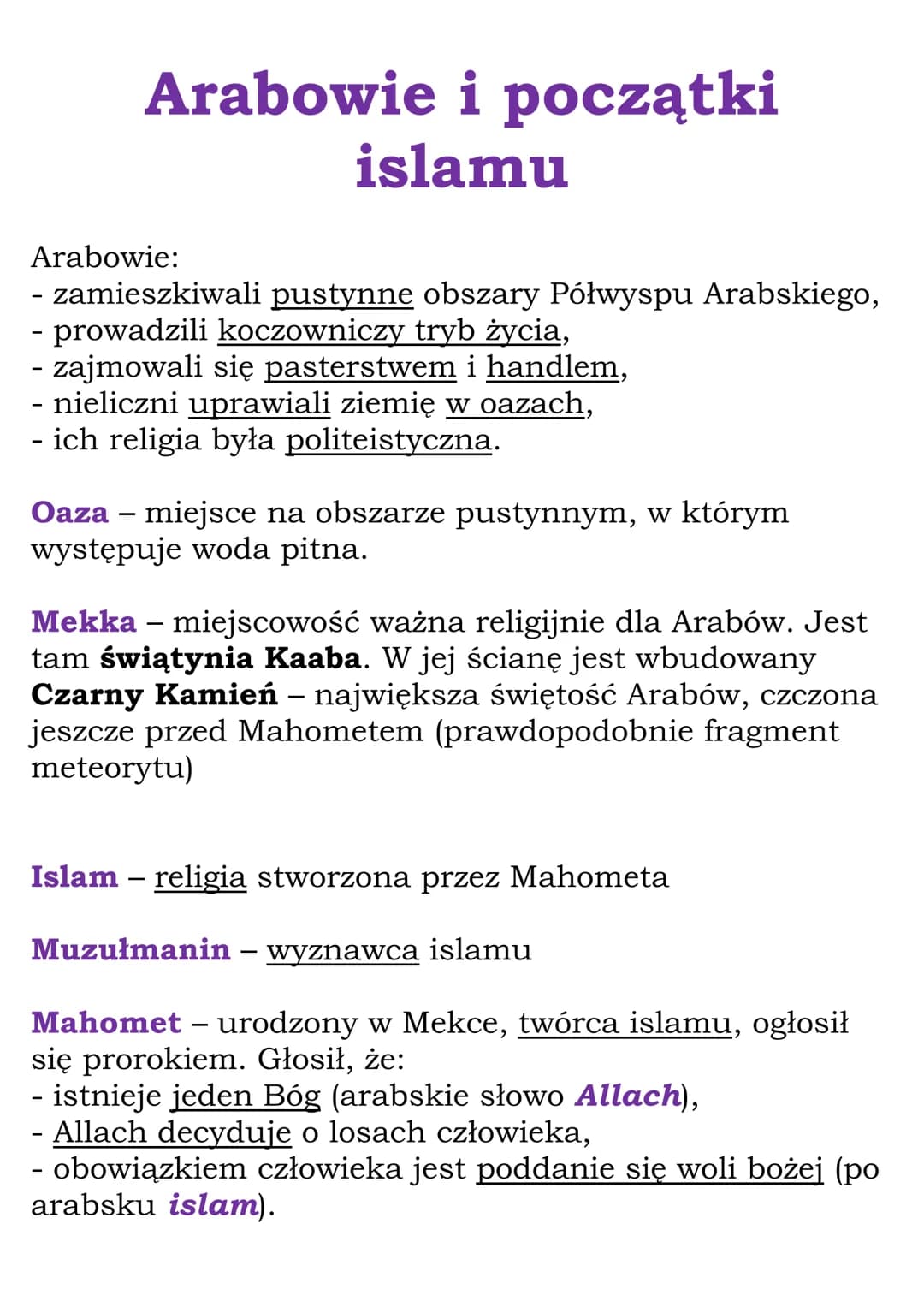 Arabowie i początki
islamu
Arabowie:
- zamieszkiwali pustynne obszary Półwyspu Arabskiego,
- prowadzili koczowniczy tryb życia,
- zajmowali 