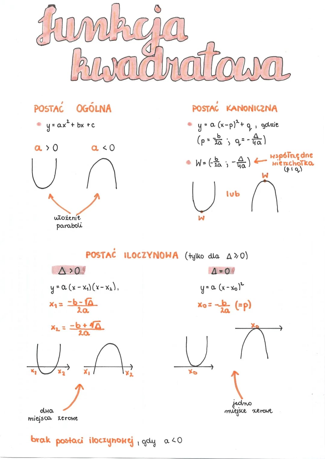 Sunkcia
kwadratowa
POSTAĆ
y = ax ² + bx + c
a > 0
U
OGÓLNA
ułożenie
paraboli
a <0
Ho
A>0
y = a (x-x₁)(x-x₂),
x₁=-6-16
2a
x₂ = −6+40
2.0.
POS