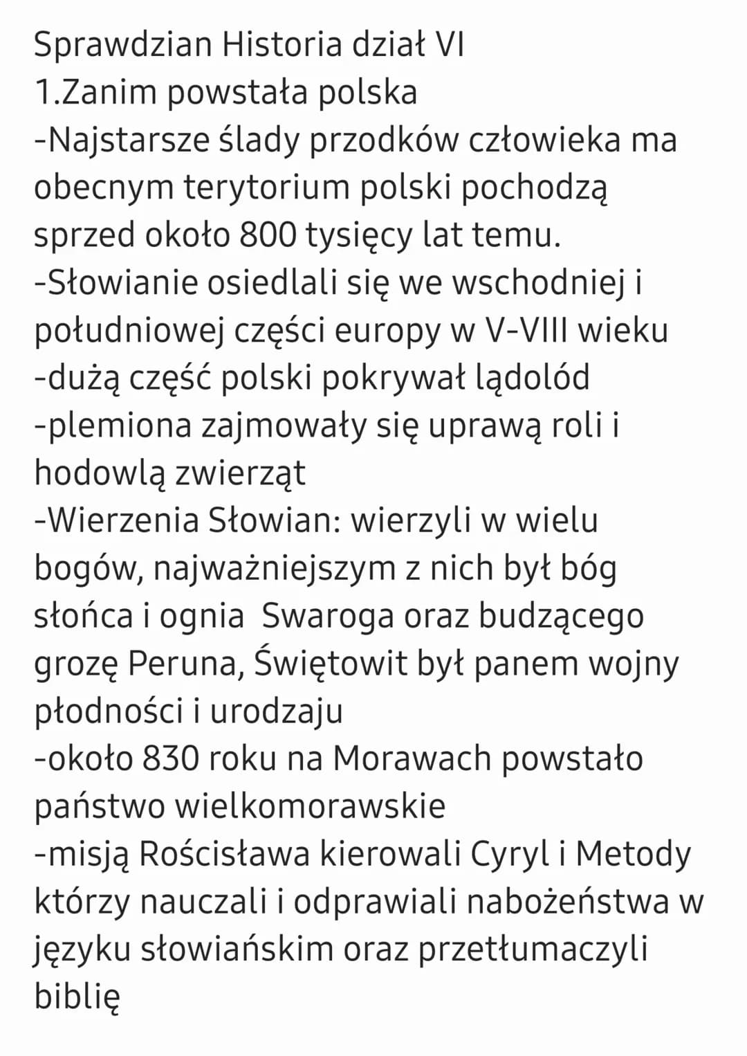 Sprawdzian Historia dział VI
1.Zanim powstała polska
-Najstarsze ślady przodków człowieka ma
obecnym terytorium polski pochodzą
sprzed około