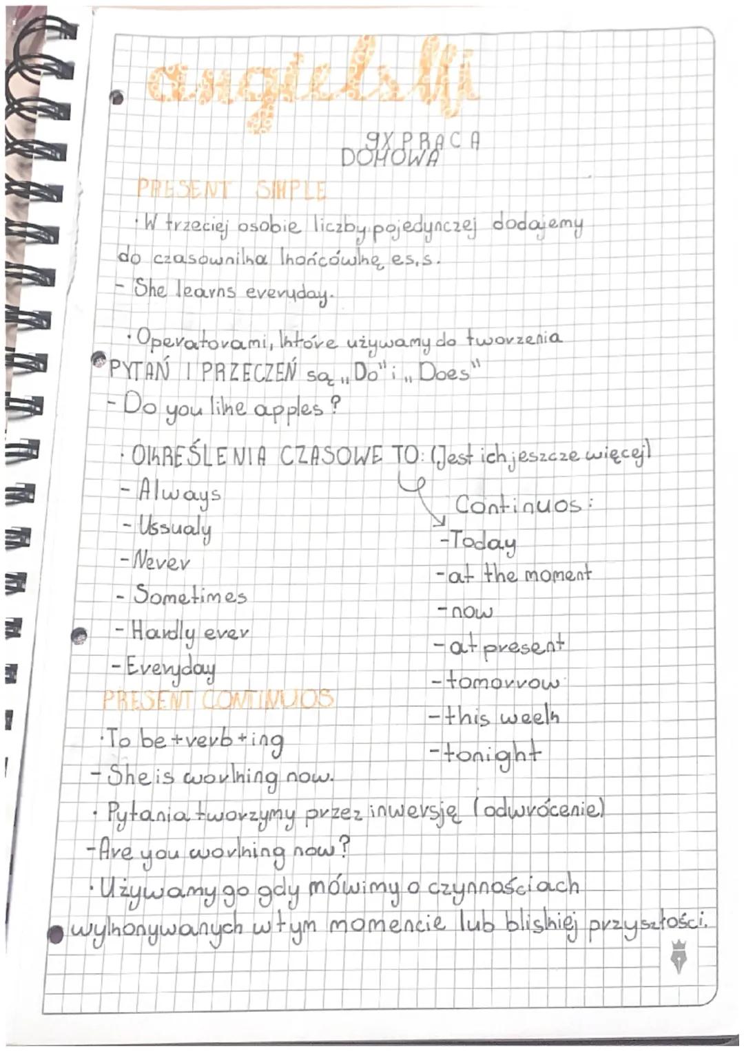 anglets fi
9X PRACA
DOMOWA
PRESENT SIMPLE
· W trzeciej osobie liczby pojedynczej dodajemy
do czasownilha Thańcówhę es.s.
She learns everyday