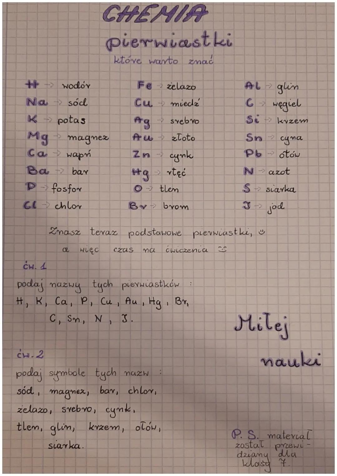 ++→ wodór
Na → sód
K → potas
Mg
Ca wapń
Ba → bar
Pfosfor
Cl → chlor
CHEMIA
pierwiastki
ktove warto znać
magnez
więc
Fe - zelazo
Cu miedz
Ag
