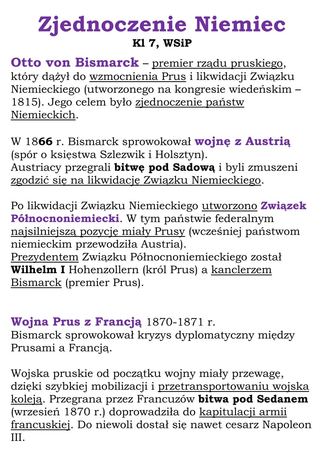 # Zjednoczenie Niemiec
K1 7, WSiP

Otto von Bismarck - premier rządu pruskiego,
który dążył do wzmocnienia Prus i likwidacji Związku
Niemiec