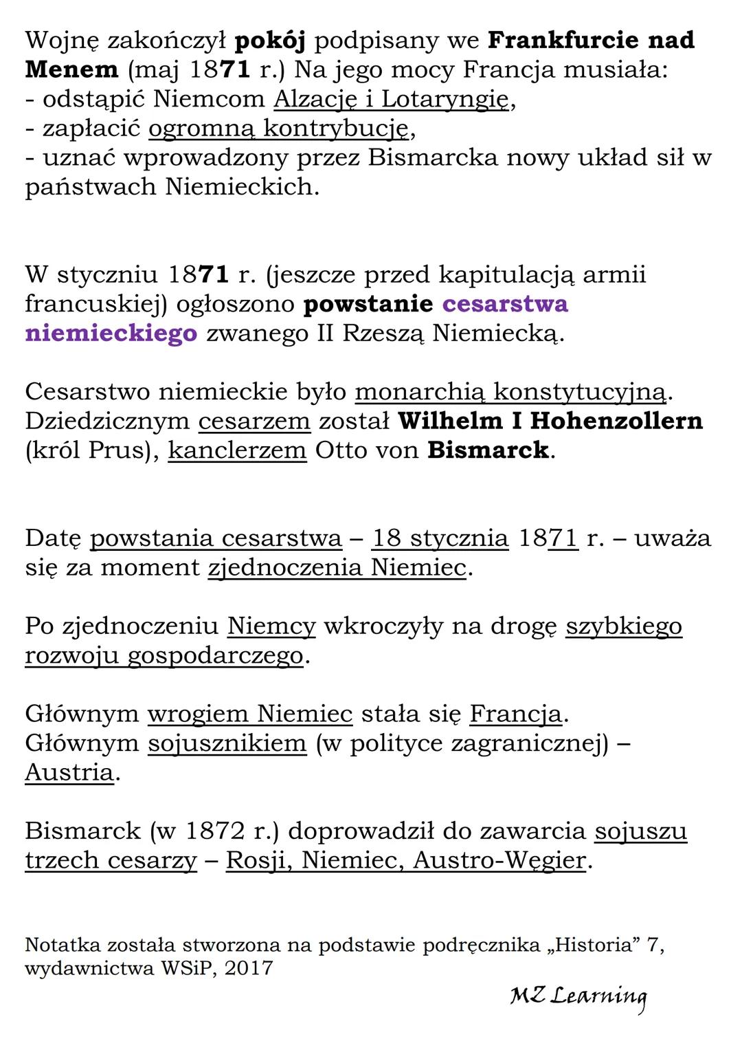 # Zjednoczenie Niemiec
K1 7, WSiP

Otto von Bismarck - premier rządu pruskiego,
który dążył do wzmocnienia Prus i likwidacji Związku
Niemiec