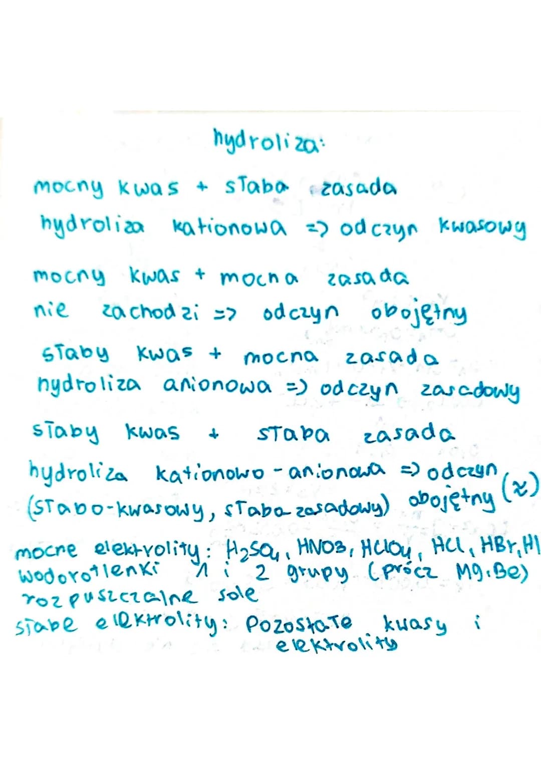 hydroliza:
mocny kwas + sTaba zasada
hydroliza kationowa =) odczyn kwasowy
zasada
mocny kwas + mocha
nie
zachodzi => odczyn obojętny
Staby k
