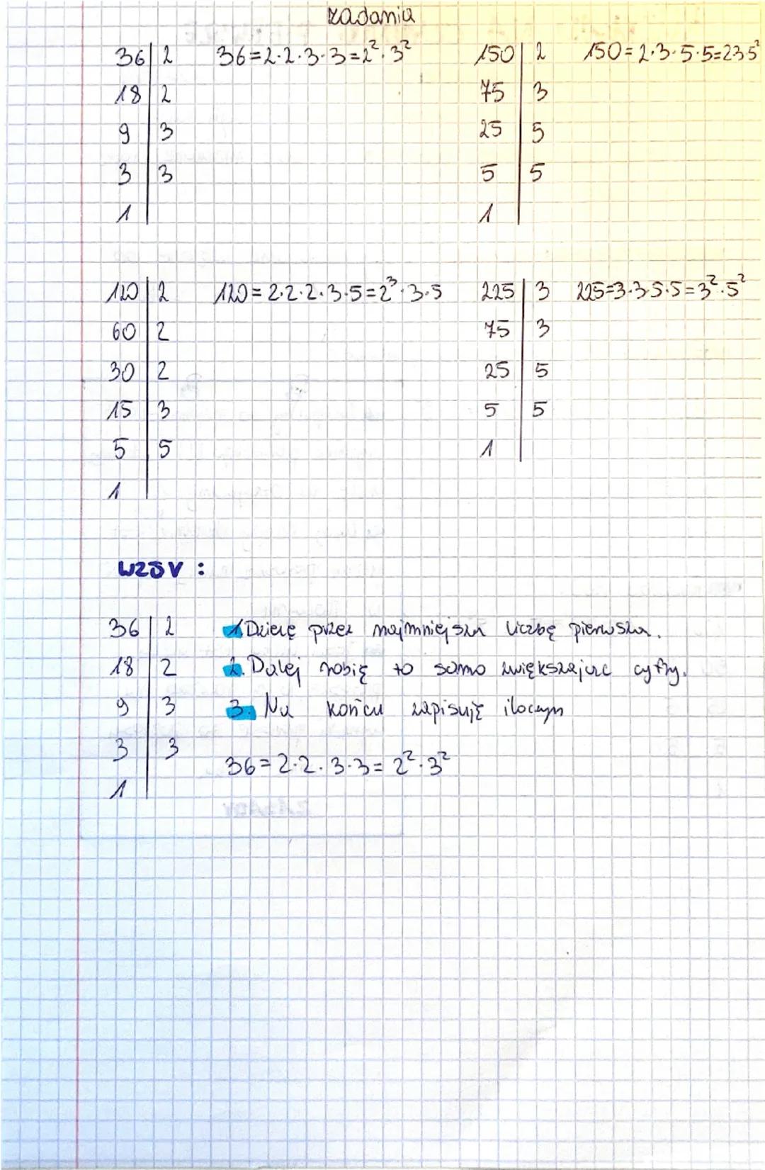 # ROZKŁAD NA CZYNNIKI PIERWSZE
Rozkład na czynniki pierwsze polega na przedstawieniu
liczby jako iloczyn jej czynników pierwszych, czyli tak