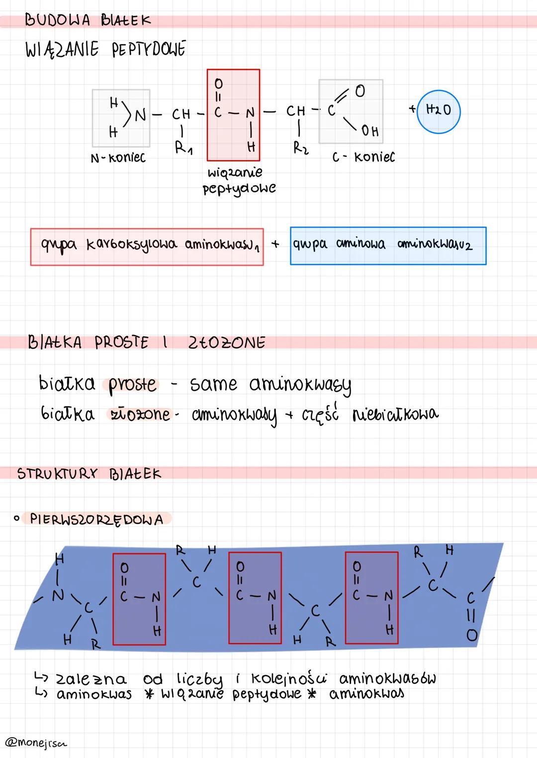 BUDOWA BIAŁEK
WIĄZANIE PEPTYDOWE
H)N-
H
N-Koniec
STRUKTURY BIAŁEK
• PIERWSZORZĘDOWA
H
@monejisa
O
O=
C-
CH
1
R₁
-
1
H
|
H
wiązanie
peptydowe