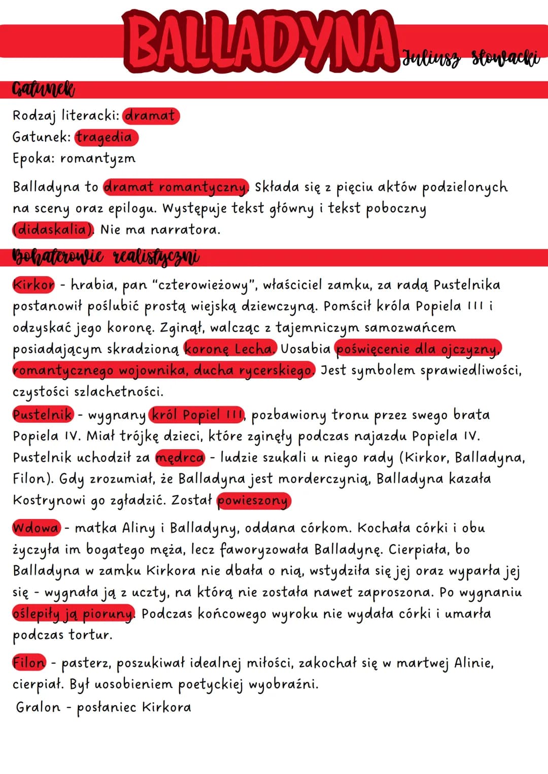 Gatunek
BALLADYNA
Juliusz Słowacki
Rodzaj literacki: dramat
Gatunek: tragedia
Epoka: romantyzm
Balladyna to dramat romantyczny. Składa się z