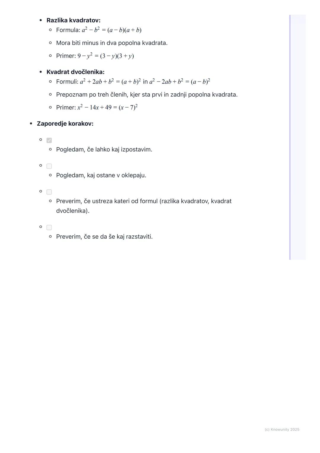 # Razstavljanje izrazov

Kaj je razstavljanje izrazov?

Razstavljanje (ali faktorizacija) algebrskih izrazov je postopek, pri katerem
vsoto 