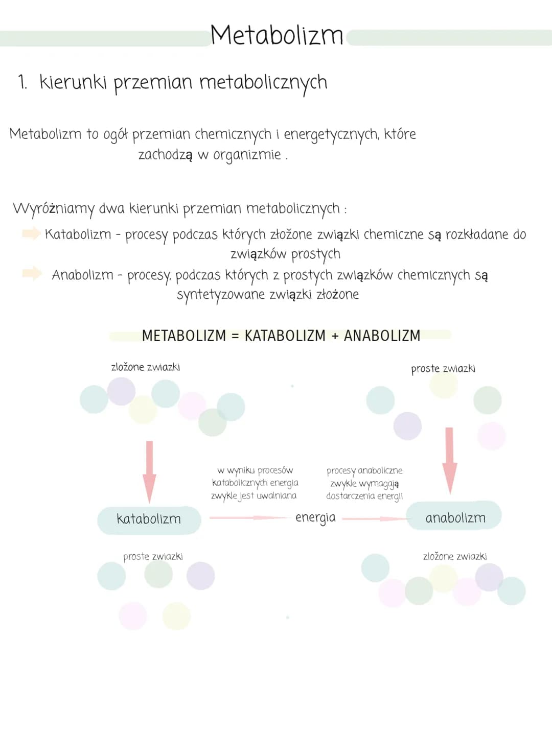 Metabolizm
1. kierunki przemian metabolicznych
Metabolizm to ogół przemian chemicznych i energetycznych, które
zachodzą w organizmie.
Wyróżn