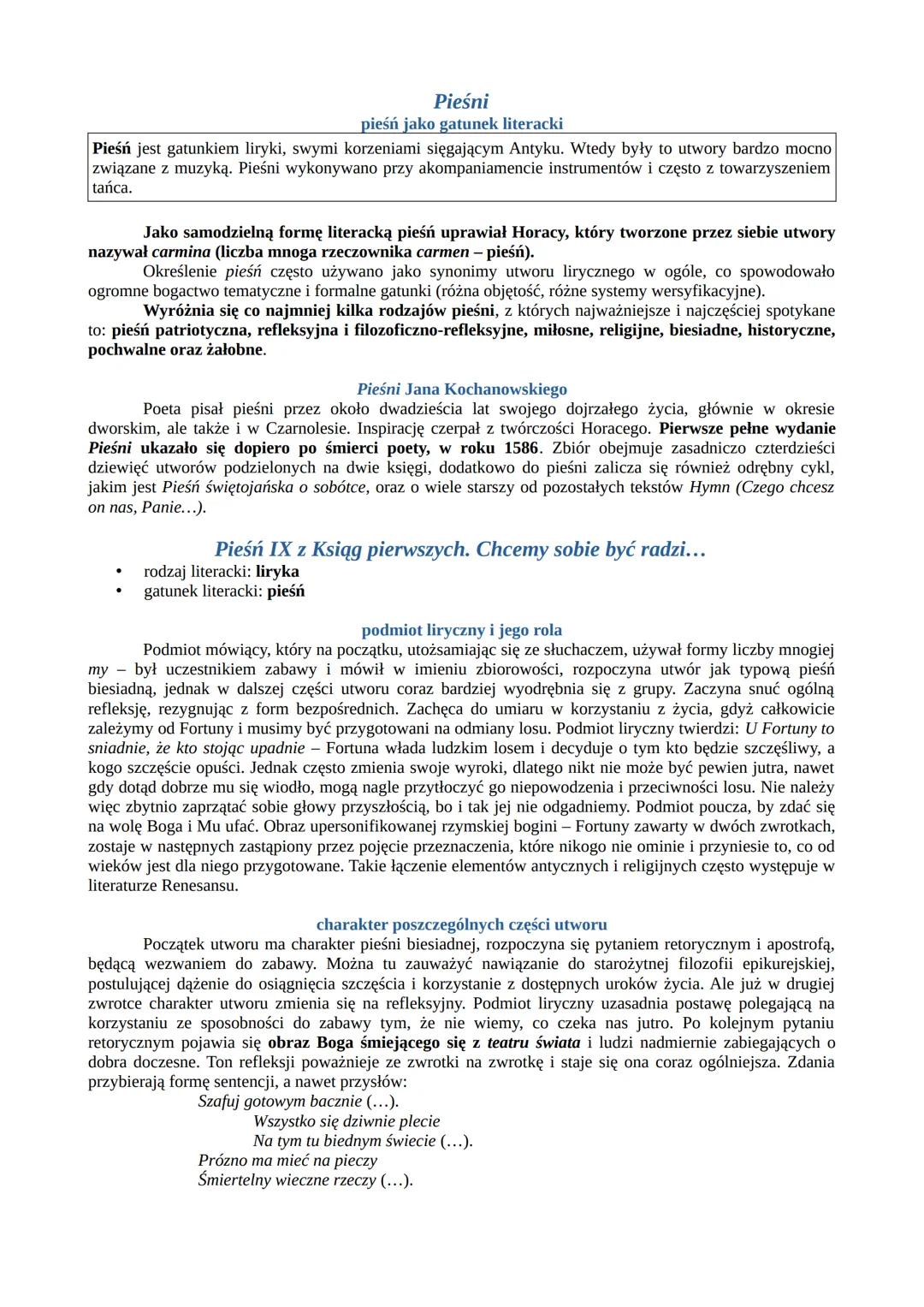 Pieśni
pieśń jako gatunek literacki
Pieśń jest gatunkiem liryki, swymi korzeniami sięgającym Antyku. Wtedy były to utwory bardzo mocno
związ