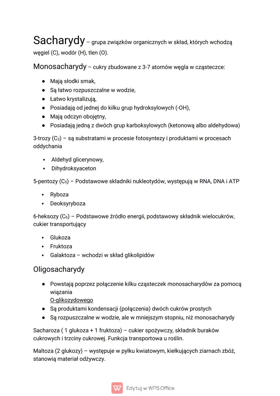 Sacharydy - - grupa związków organicznych w skład, których wchodzą
węgiel (C), wodór (H), tlen (O).
Monosacharydy - cukry zbudowane z 3-7 at