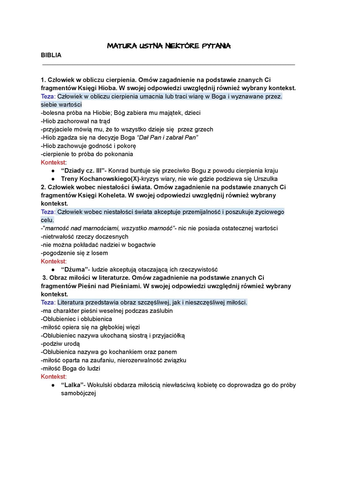 Odpowiedzi na pytania jawne z matury ustnej z polskiego