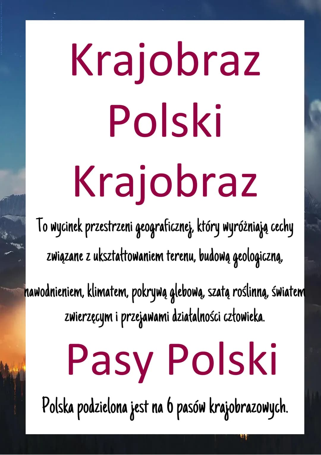 Krajobraz
Polski
Krajobraz
To wycinek przestrzeni geograficznej, który wyróżniają cechy
związane z ukształtowaniem terenu, budową geologiczn